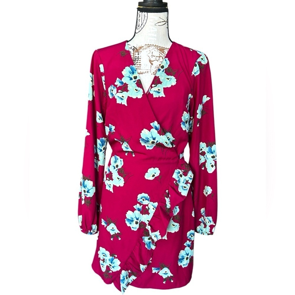 Lulu’s Floral Feminine Wrap Dress in Burgundy and Blue size small